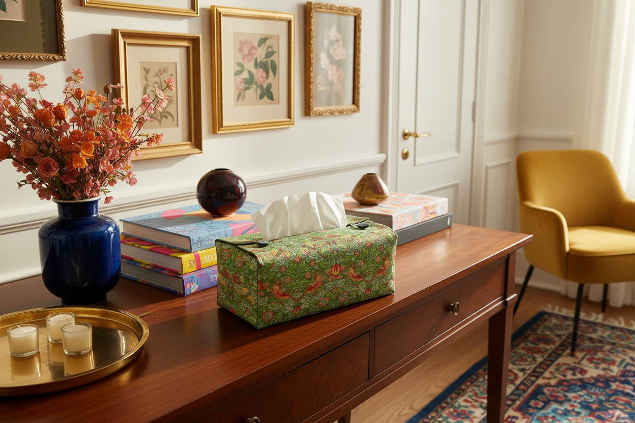 Tissue box cover with birds and berries design on red background displayed in a bedroom and kitchen