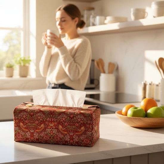 Tissue box cover with birds and berries design on red background displayed in a bedroom and kitchen