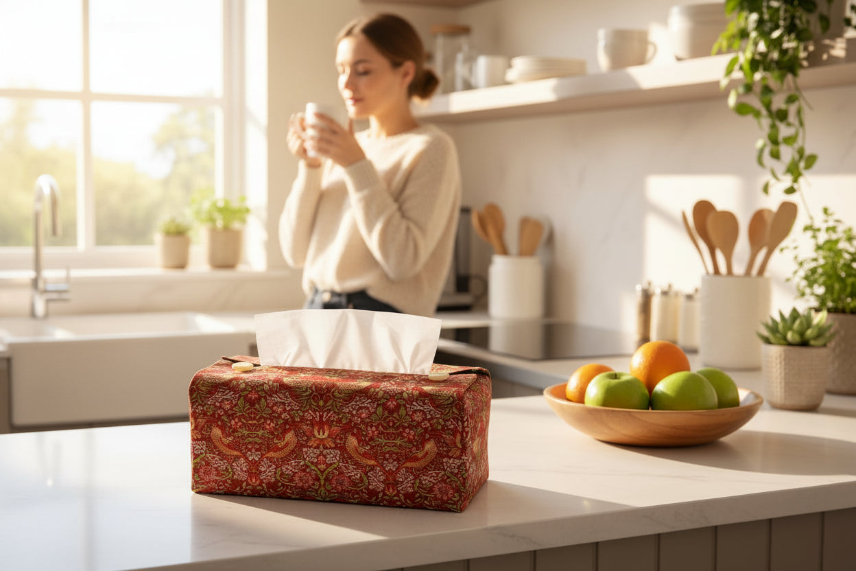 Tissue box cover with birds and berries design on red background displayed in a bedroom and kitchen