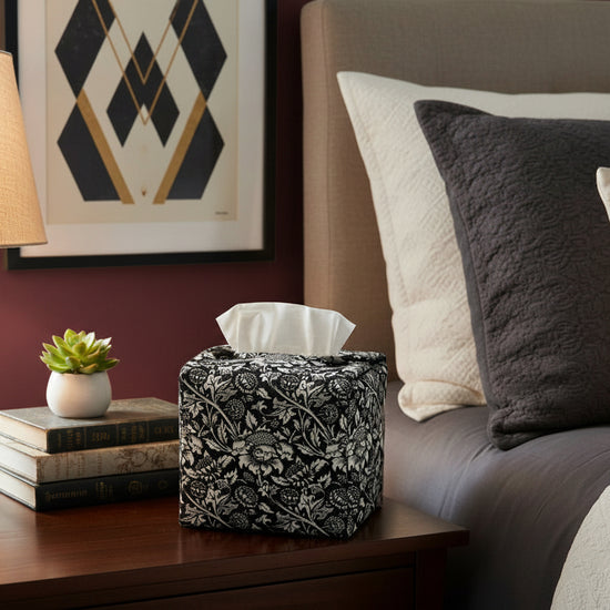 Tissue box cover with black and white floral design displayed in a bedroom and hallway