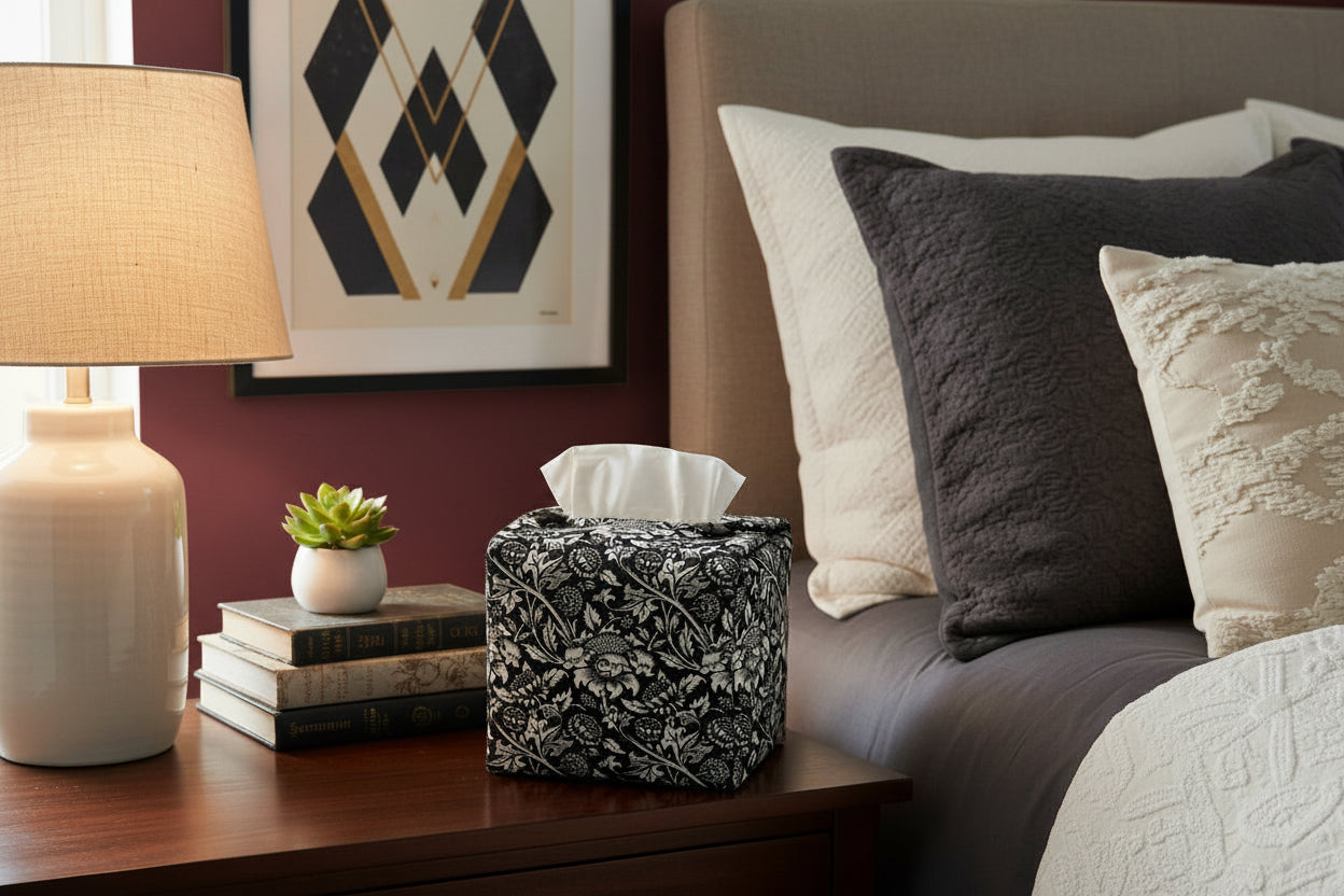 Tissue box cover with black and white floral design displayed in a bedroom and hallway