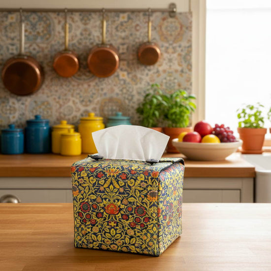 Tissue box cover with colourful floral design displayed in a kitchen and conservatory