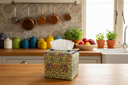 Tissue box cover with colourful floral design displayed in a kitchen and conservatory