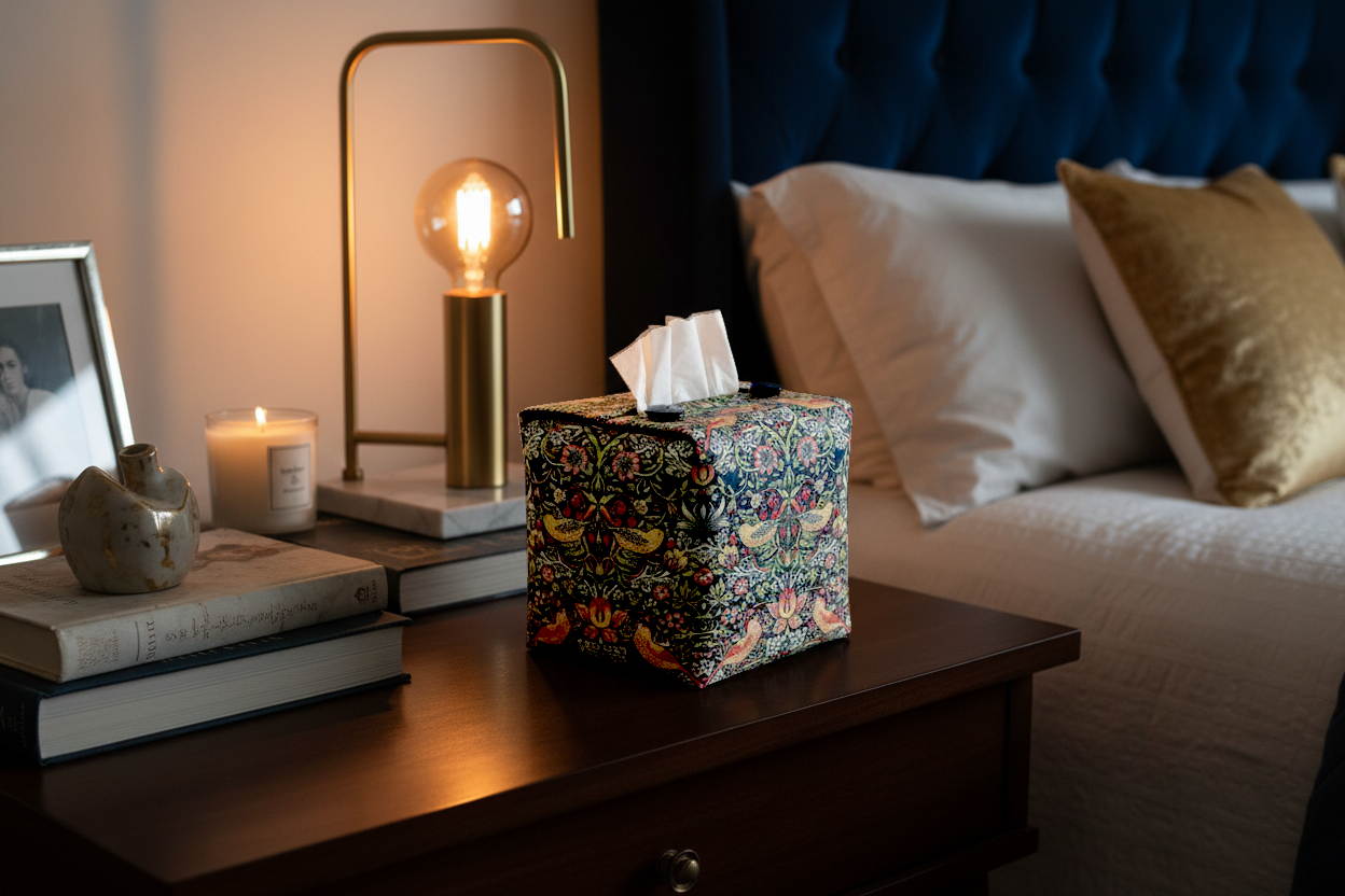 Tissue box cover with a birds and berries design displayed in a bedroom and living room