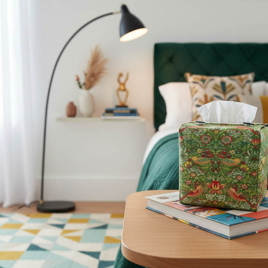 Tissue box cover with birds and berries design on green background displayed in a bedroom and kitchen