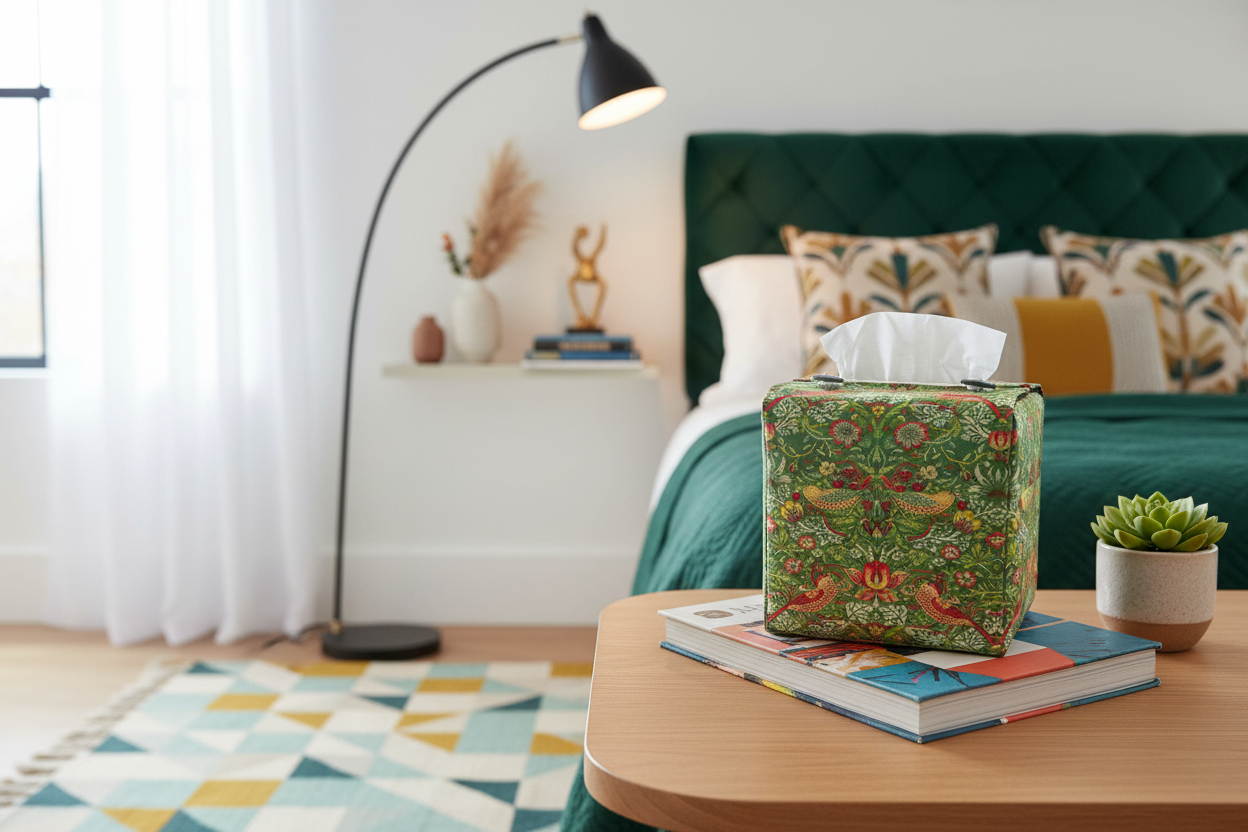 Tissue box cover with birds and berries design on green background displayed in a bedroom and kitchen
