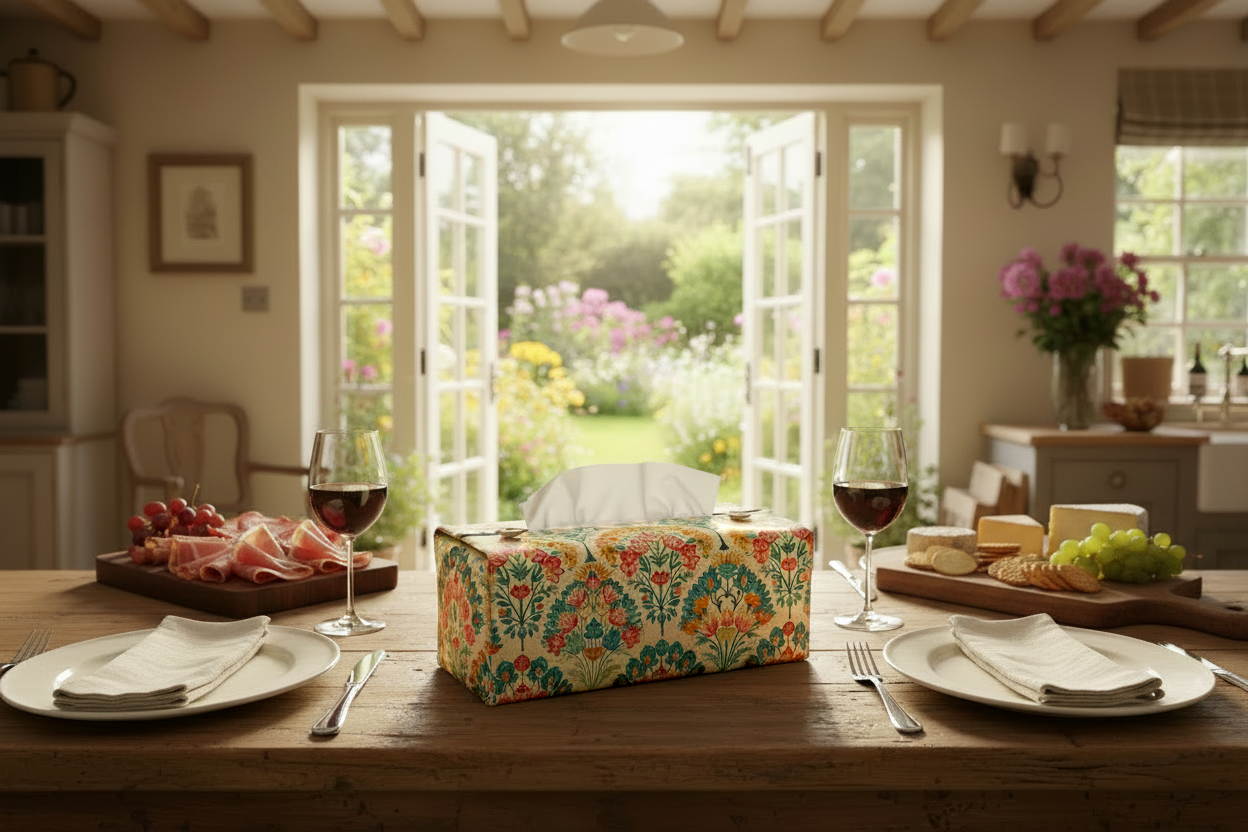Tissue box cover with colourful floral design displayed on a window bench and kitchen dining table
