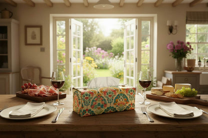 Tissue box cover with colourful floral design displayed on a window bench and kitchen dining table