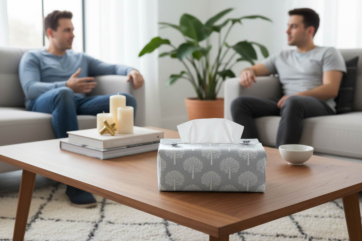 Tissue box cover with white mulberry trees design on blue background displayed in a kitchen and living room