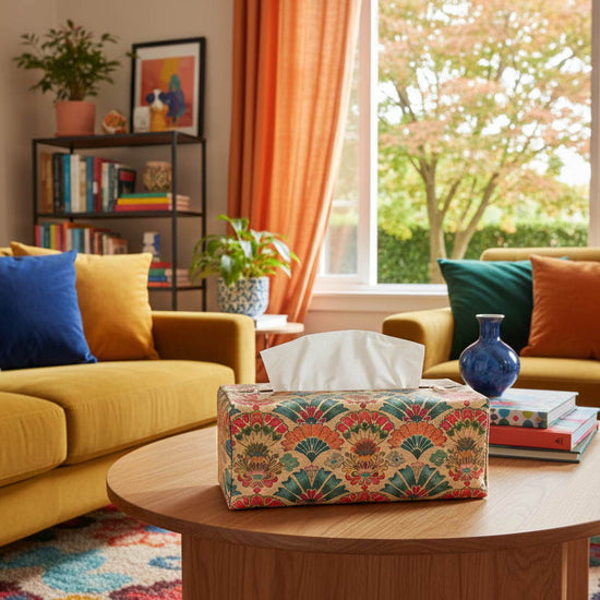 Tissue box cover with vintage folding fan motif design displayed in a bathroom and living room
