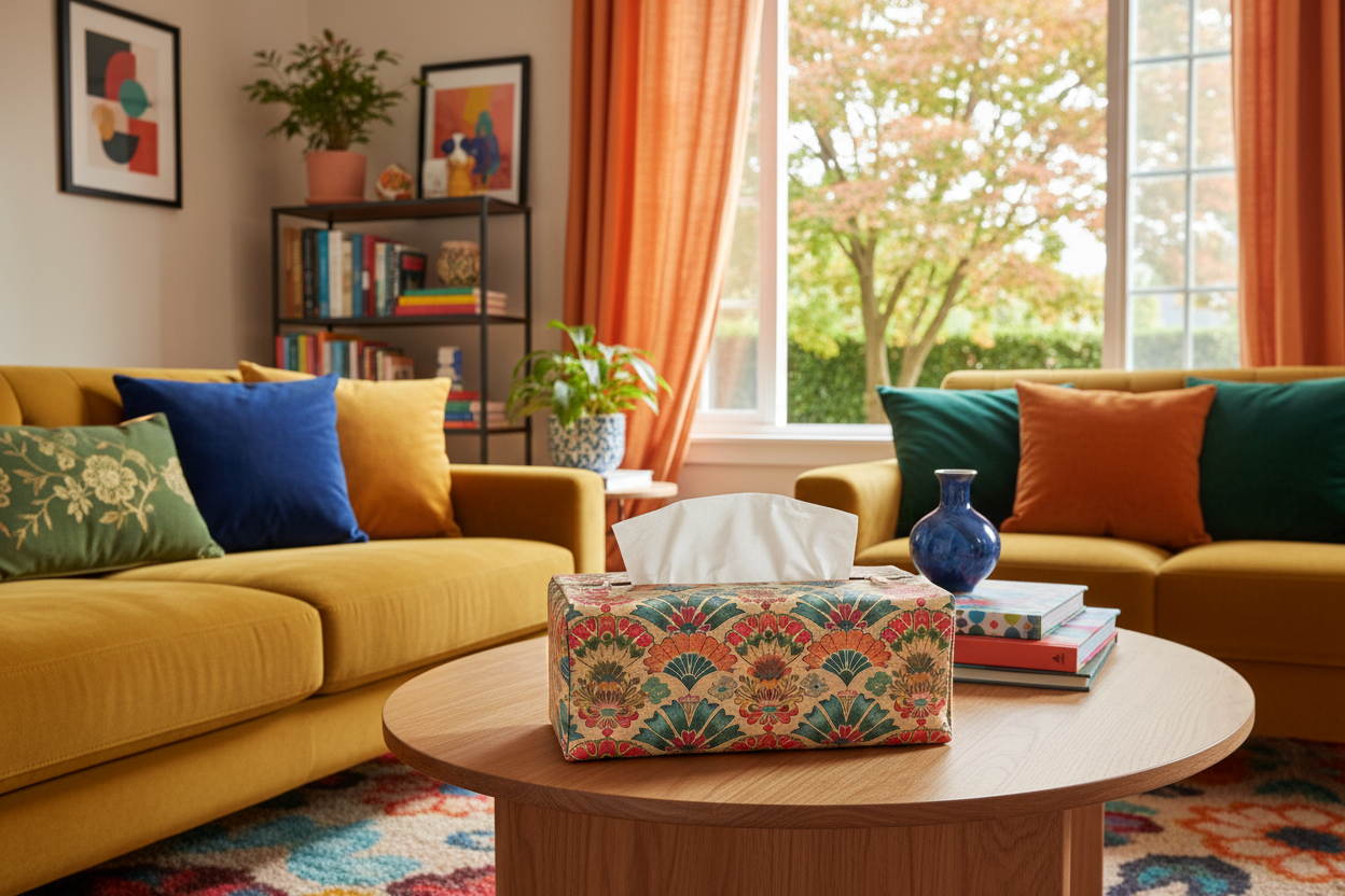 Tissue box cover with vintage folding fan motif design displayed in a bathroom and living room