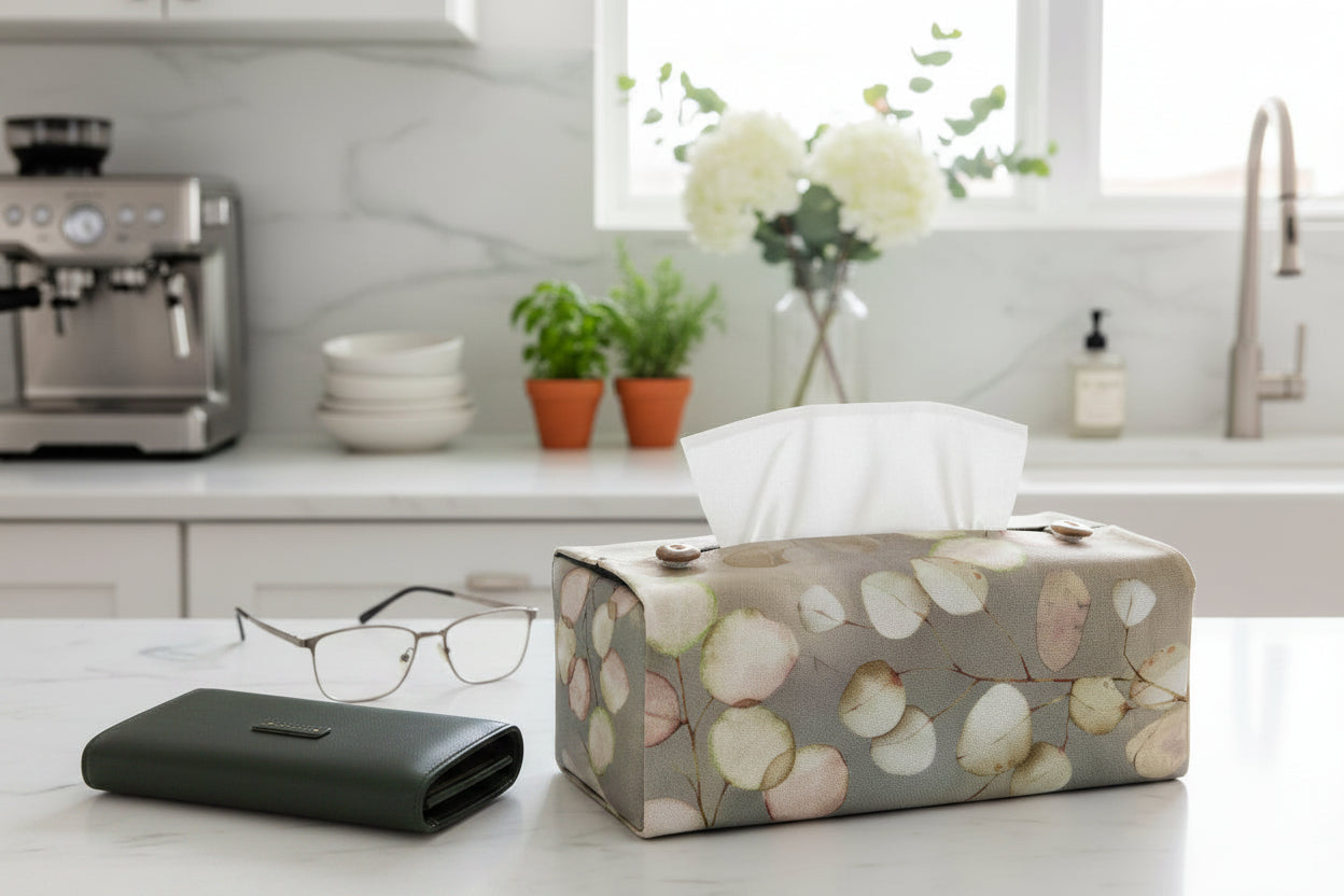 Tissue box cover with lunaria leaves design on brown background displayed in a hallway and kitchen