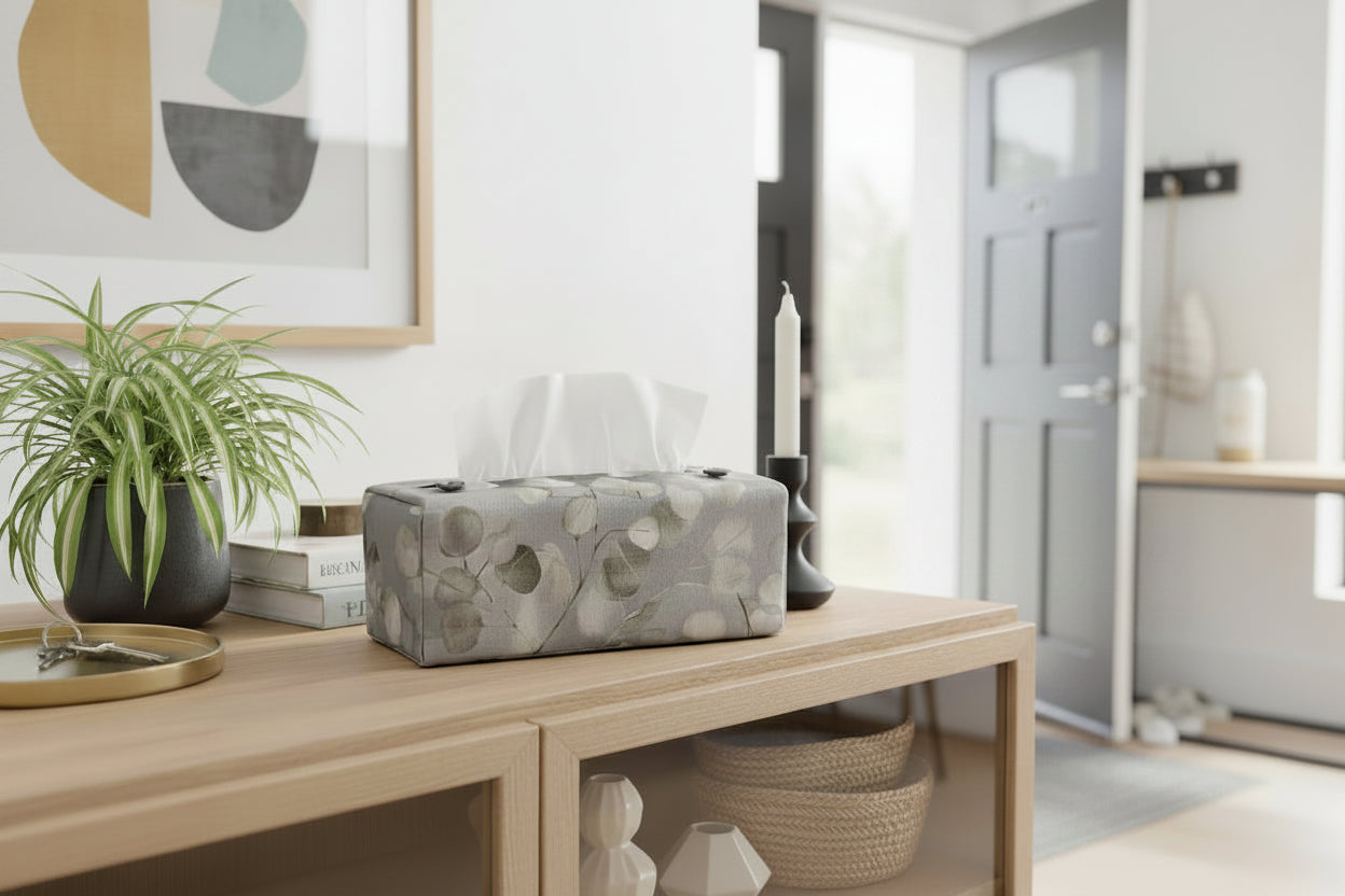 Tissue box cover with lunaria leaves design on grey background displayed in a bathroom and hallway