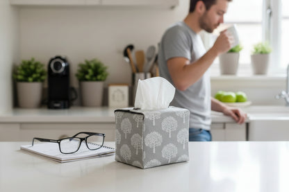 Tissue box cover with white mulberry trees design on taupe background displayed in a kitchen and living room