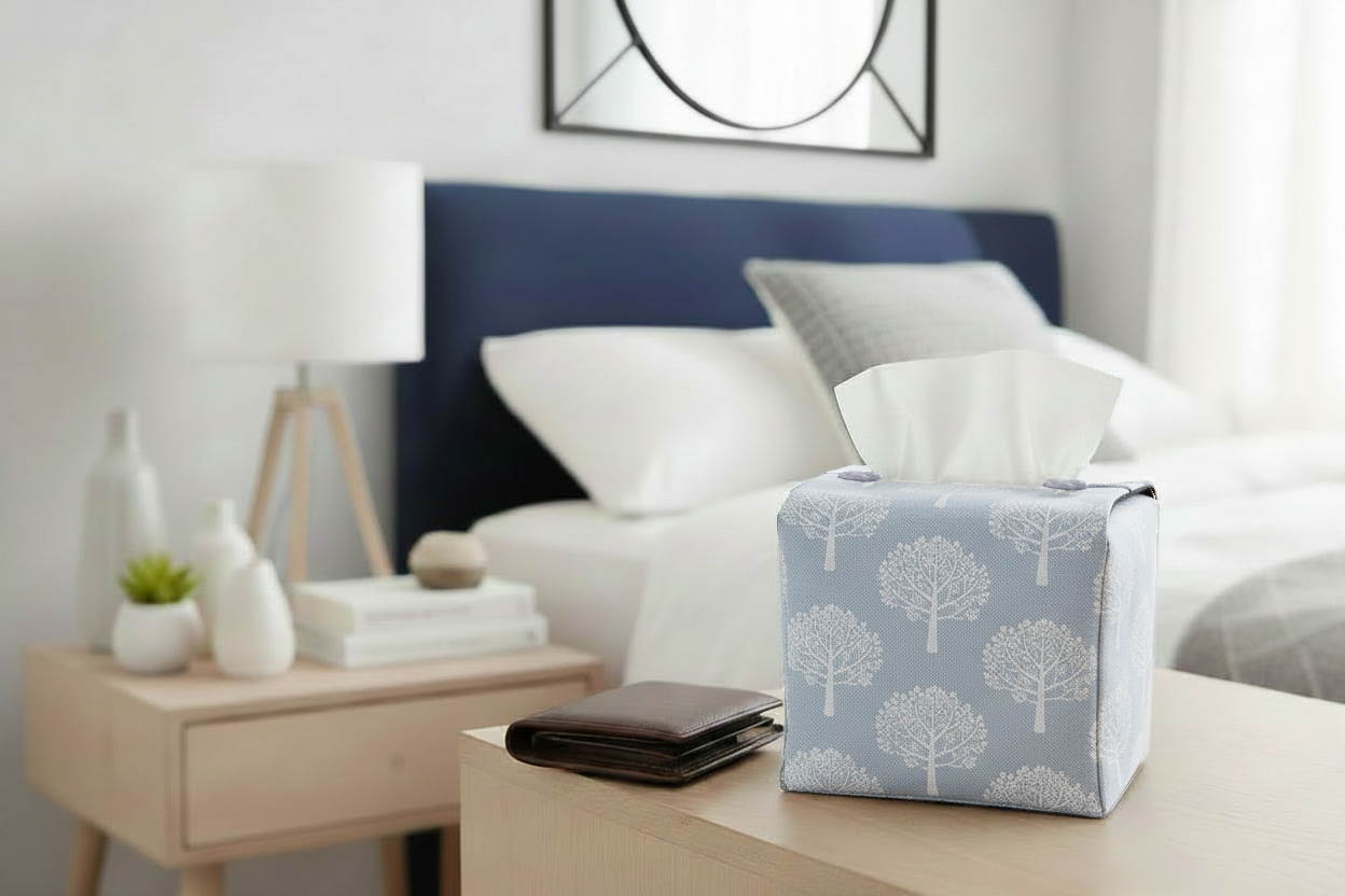 Tissue box cover with white mulberry trees design on blue background displayed in a kitchen and living room