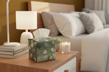 Tissue box cover with lunaria leaves design on green background displayed in a bedroom and living room