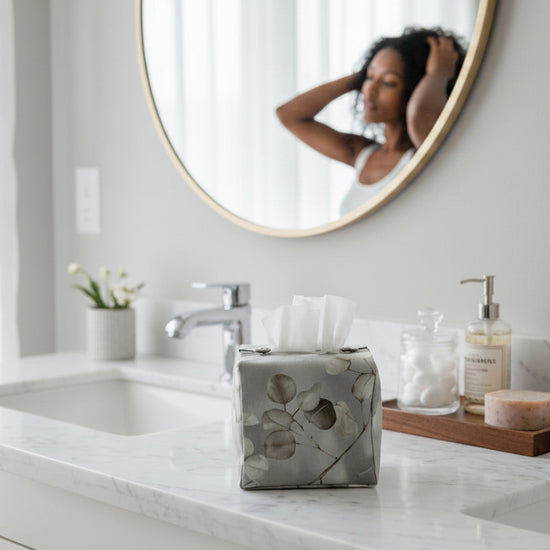 Tissue box cover with lunaria leaves design on grey background displayed in a bathroom and hallway
