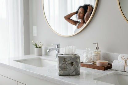 Tissue box cover with lunaria leaves design on grey background displayed in a bathroom and hallway
