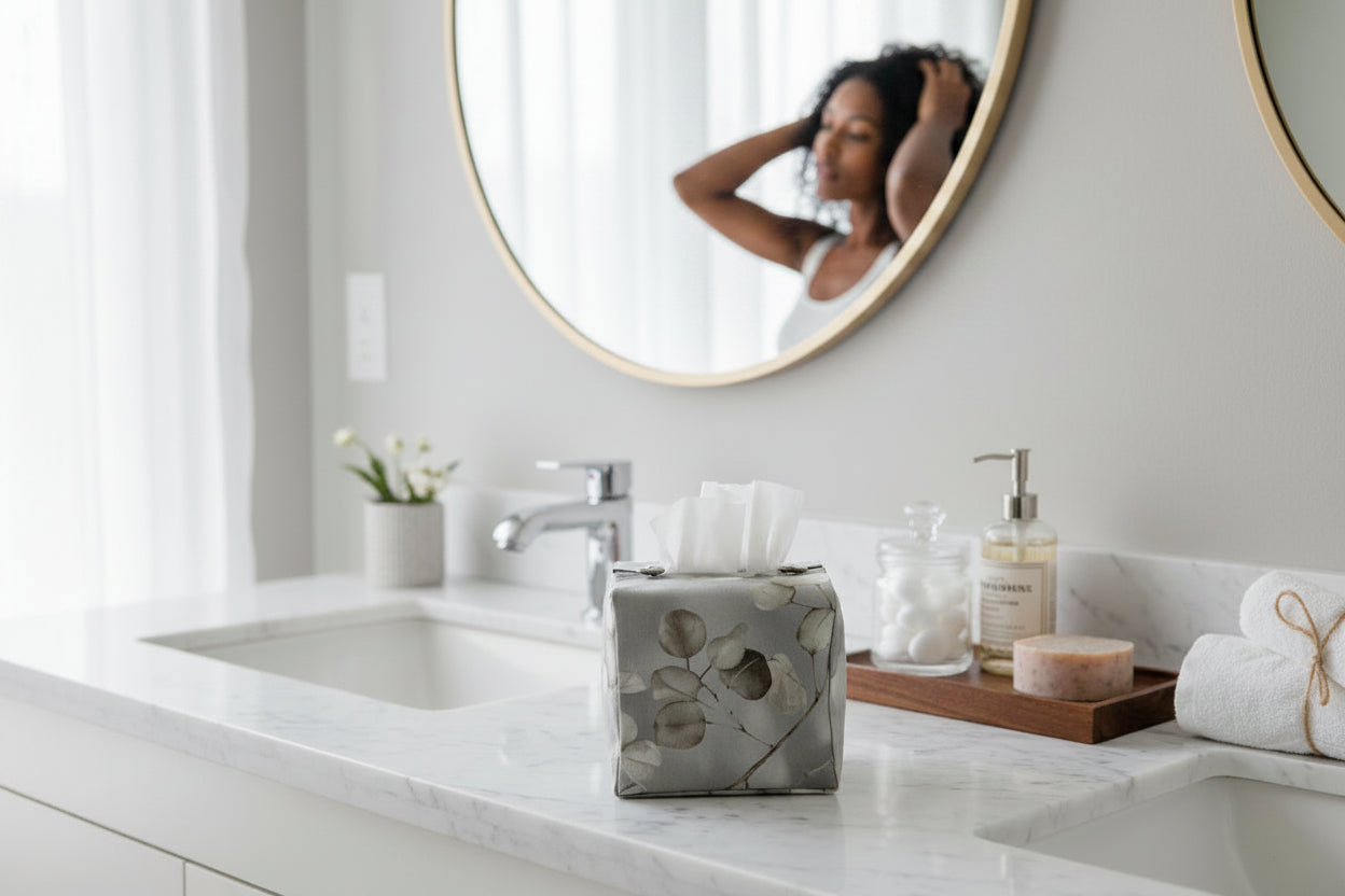 Tissue box cover with lunaria leaves design on grey background displayed in a bathroom and hallway