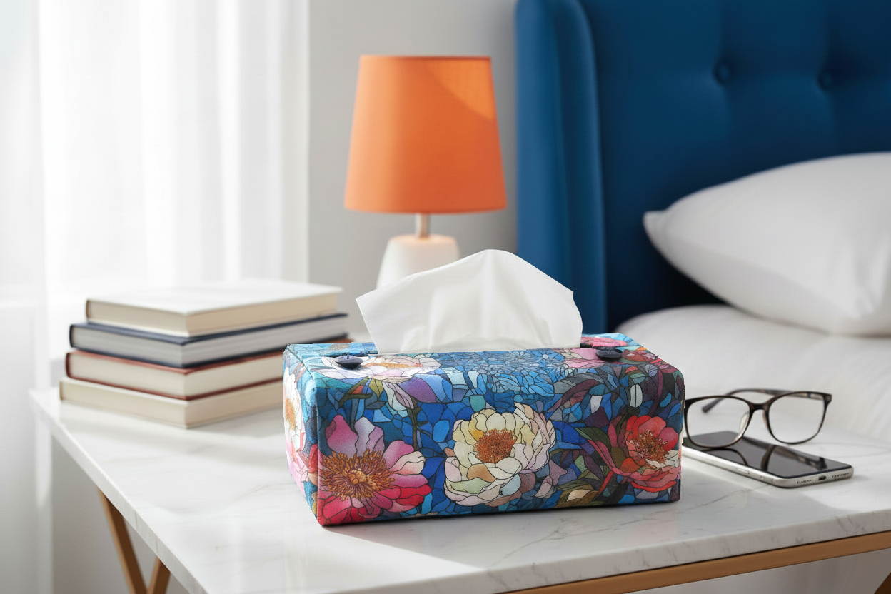 Tissue box cover with floral stained glass design on blue background displayed in a bathroom and bedroom