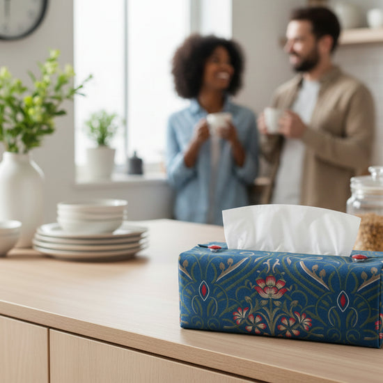 Tissue box cover with Victorian floral design displayed in a bathroom and kitchen