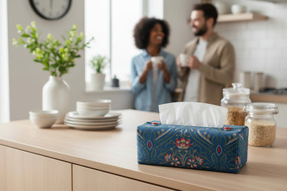 Tissue box cover with Victorian floral design displayed in a bathroom and kitchen