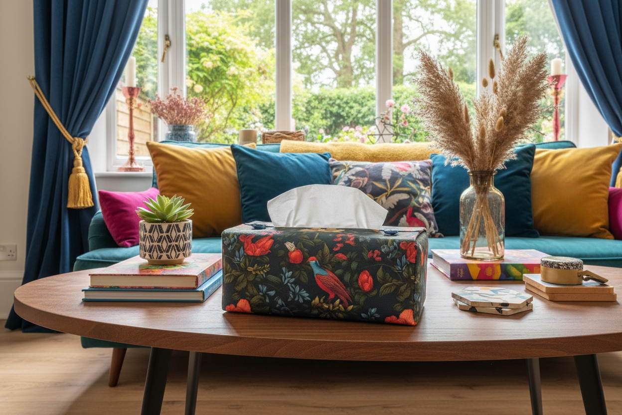 Tissue box cover with colourful birds and floral design displayed in a bathroom and living room