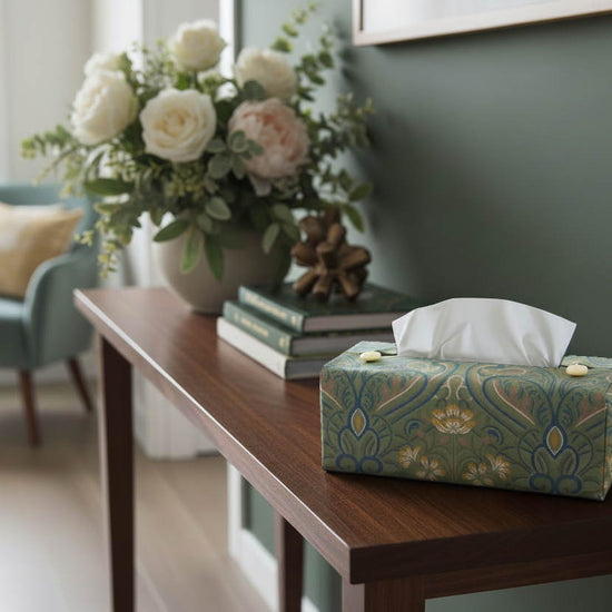 Tissue box cover with green Victorian floral design displayed in a living room and hallway