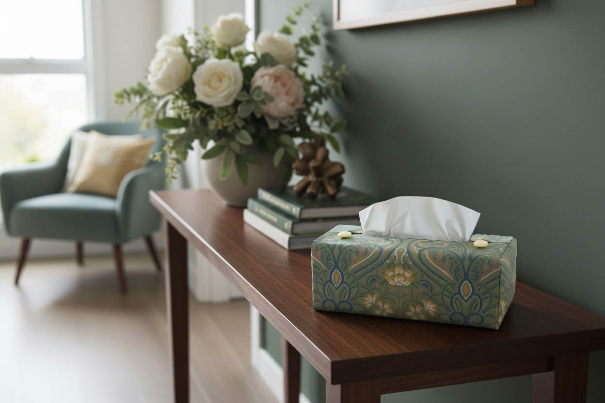 Tissue box cover with green Victorian floral design displayed in a living room and hallway