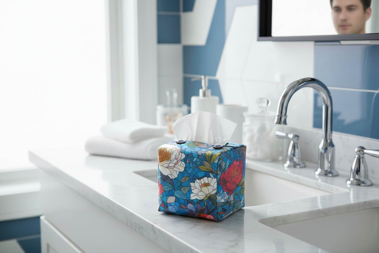 Tissue box cover with floral stained glass design on blue background displayed in a bathroom and bedroom