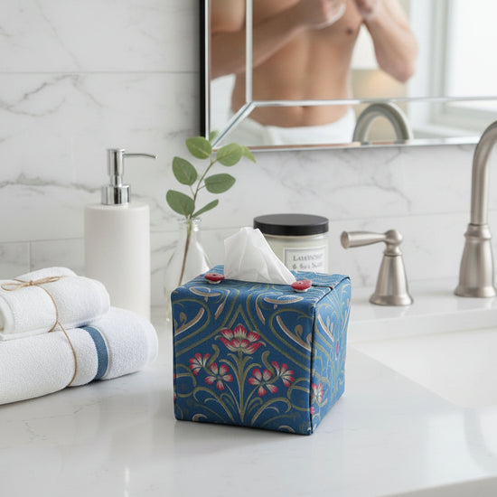 Tissue box cover with Victorian floral design displayed in a bathroom and kitchen
