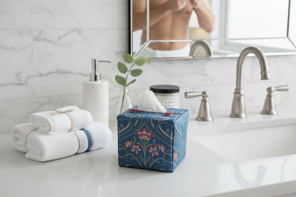 Tissue box cover with Victorian floral design displayed in a bathroom and kitchen