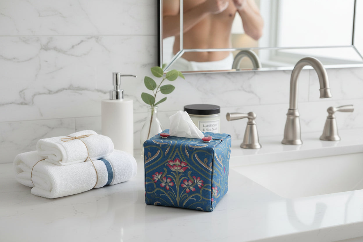 Tissue box cover with Victorian floral design displayed in a bathroom and kitchen