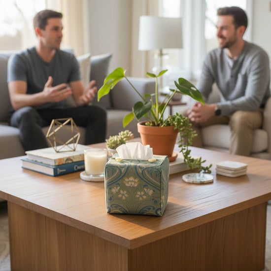 Tissue box cover with green Victorian floral design displayed in a living room and hallway