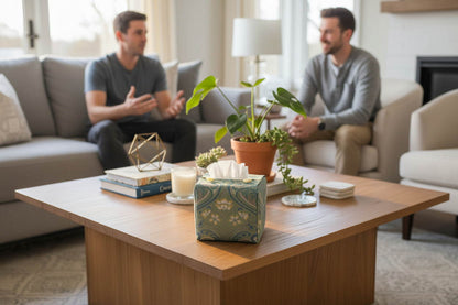 Tissue box cover with green Victorian floral design displayed in a living room and hallway