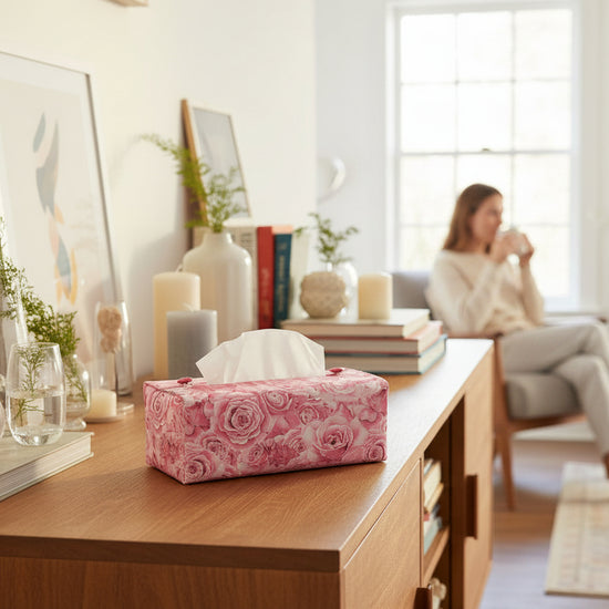 Tissue box cover with soft pink roses design displayed in a bathroom and hallway