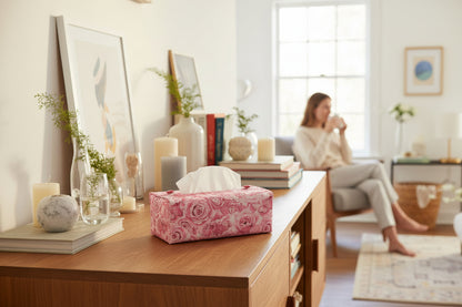 Tissue box cover with soft pink roses design displayed in a bathroom and hallway
