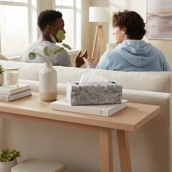 Tissue box cover with soft grey roses design displayed in a kitchen and living room
