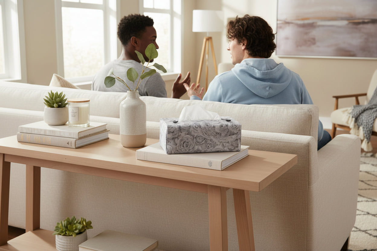 Tissue box cover with soft grey roses design displayed in a kitchen and living room