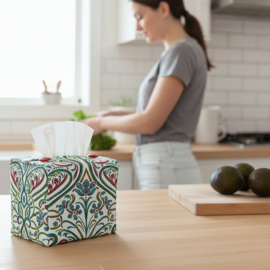Tissue box cover with teal Victorian design displayed in a kitchen and living room