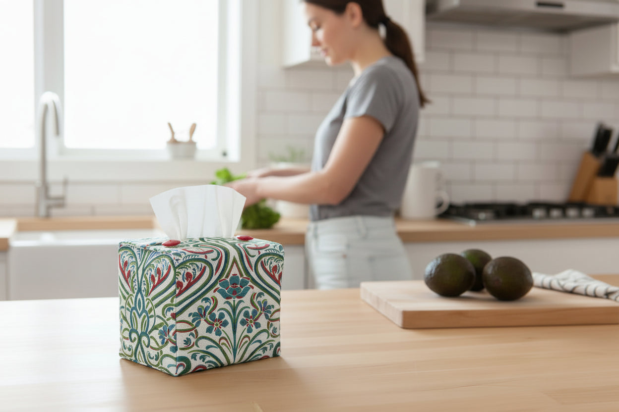 Tissue box cover with teal Victorian design displayed in a kitchen and living room