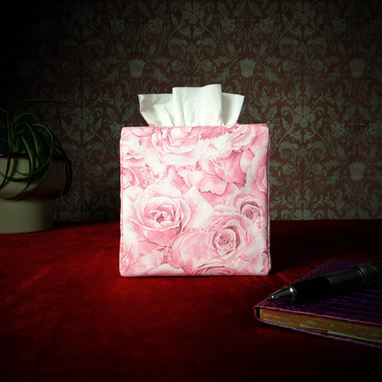 Cotton square tissue box cover with pink roses and white accent