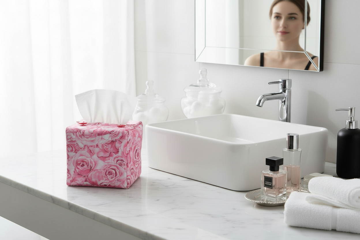 Tissue box cover with soft pink roses design displayed in a bathroom and hallway