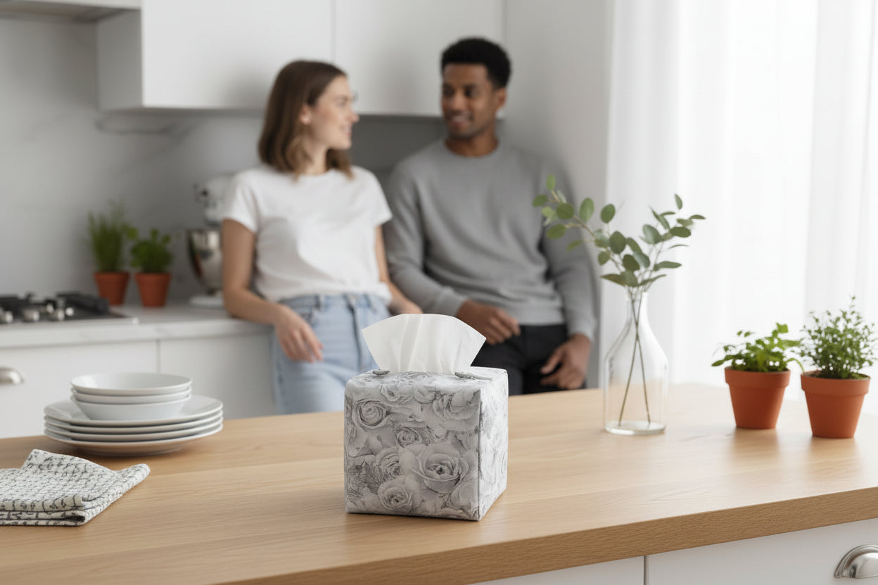 Tissue box cover with soft grey roses design displayed in a kitchen and living room