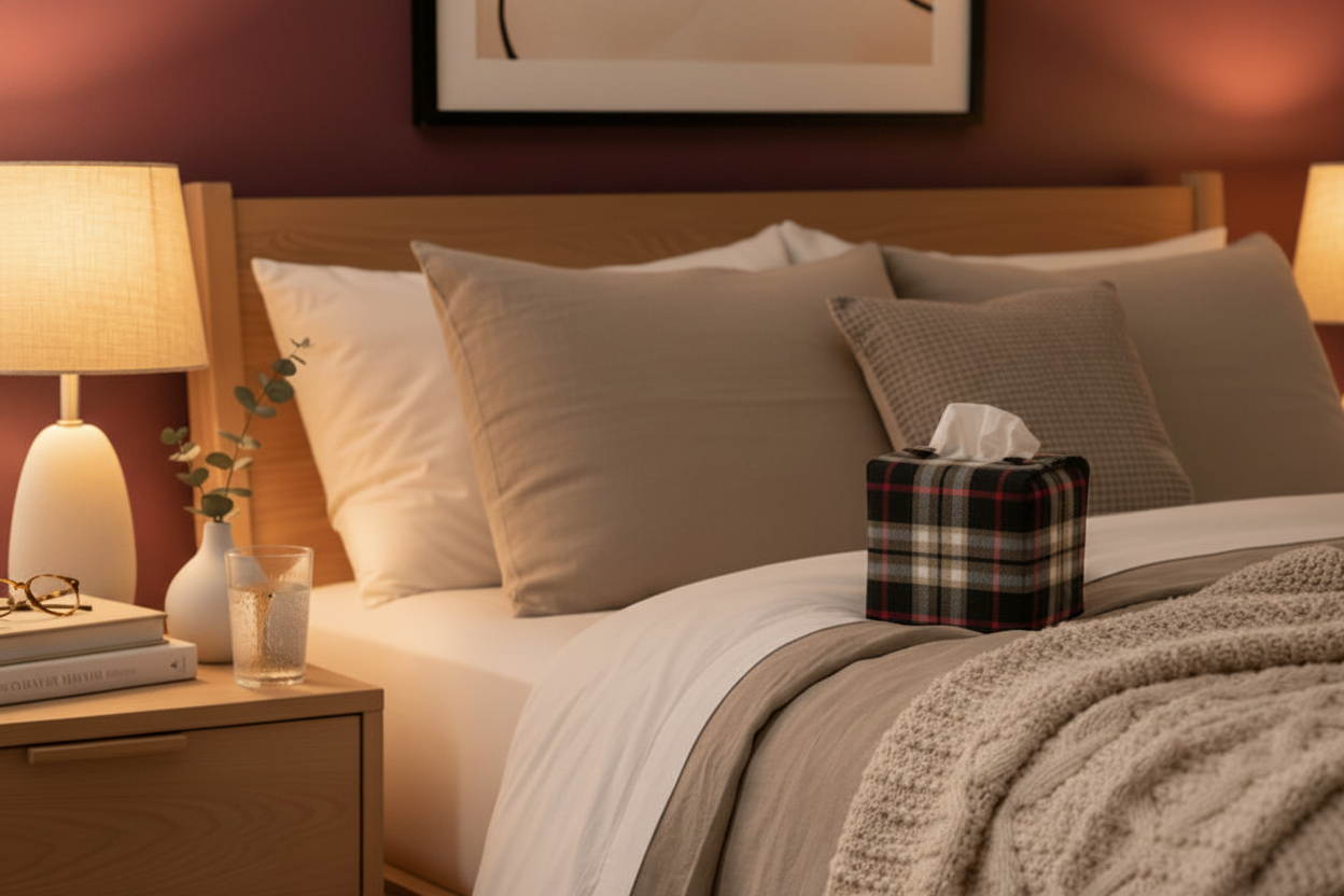 Tissue box cover in brushed cotton fabric with a black, tan, and red tartan design displayed in a bedroom and hallway
