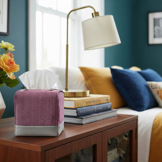 Tissue box cover with a two tone mauve herringbone and grey design displayed in a bedroom and hallway