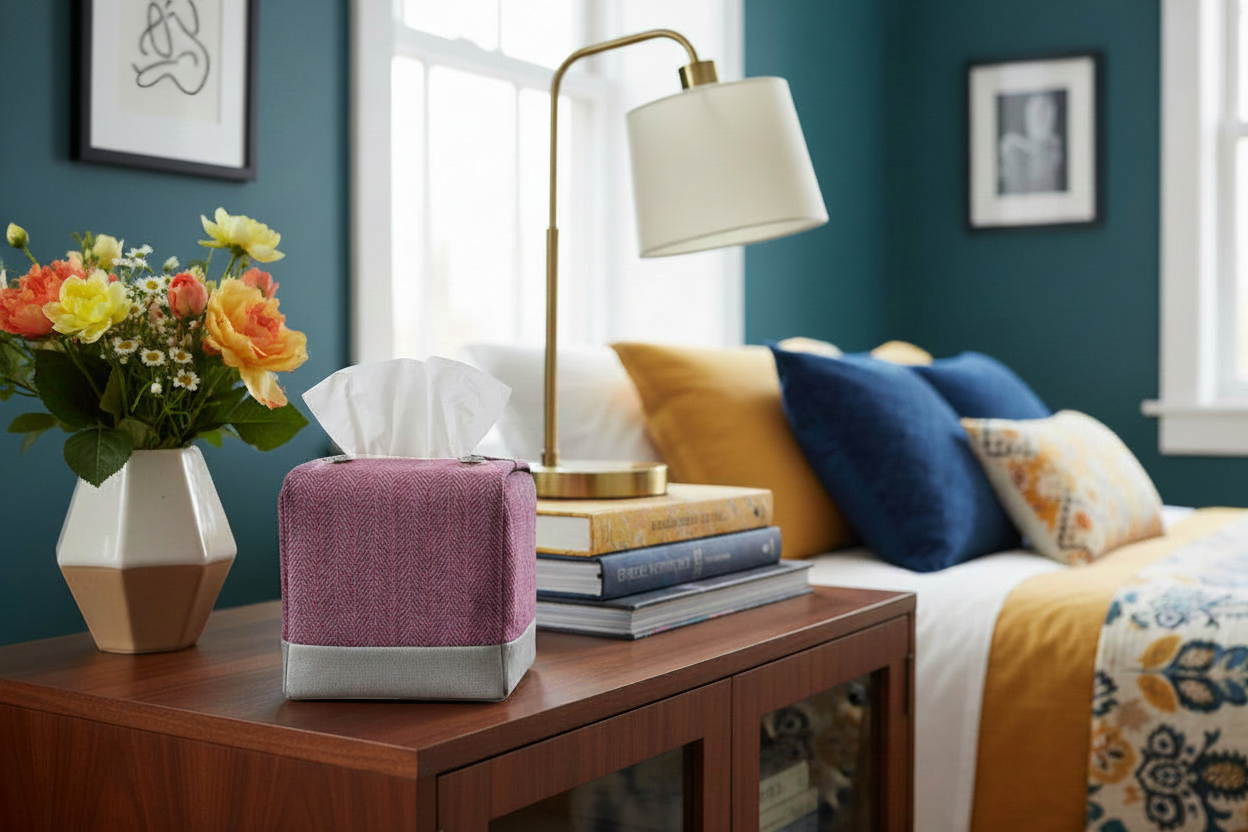 Tissue box cover with a two tone mauve herringbone and grey design displayed in a bedroom and hallway