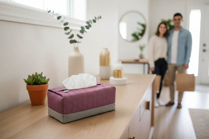 Tissue box cover with a two tone mauve herringbone and grey design displayed in a bedroom and hallway