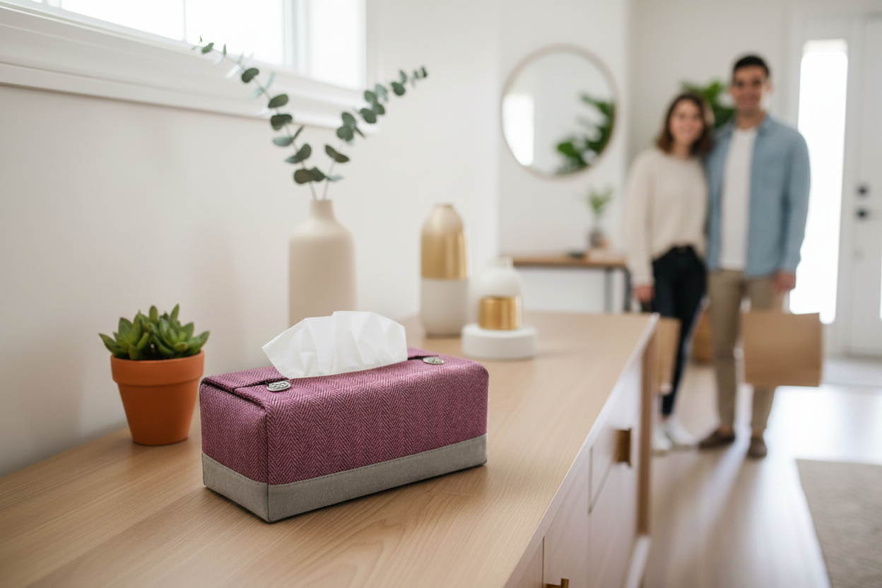 Tissue box cover with a two tone mauve herringbone and grey design displayed in a bedroom and hallway