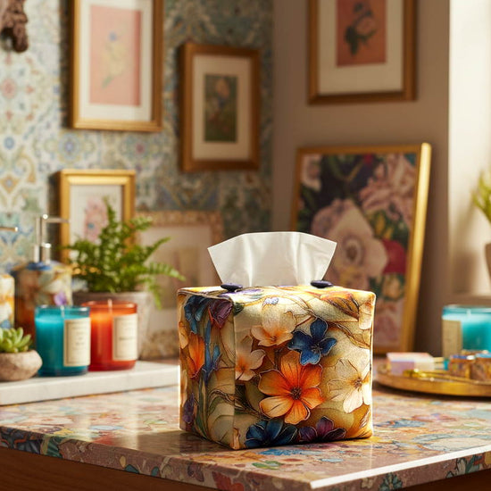 Tissue box cover with colourful floral design displayed in a bathroom and bedroom